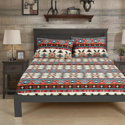 Chezmoi Collection 4-Piece Southwestern Geometric Motif Sheet Set California King Size - Multicolor Red Brown Blue Cream Printed Brushed Microfiber Lightweight Breathable Deep Pocket Bed Sheets