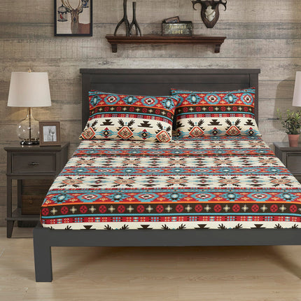 Chezmoi Collection 4-Piece Southwestern Geometric Motif Sheet Set California King Size - Multicolor Red Brown Blue Cream Printed Brushed Microfiber Lightweight Breathable Deep Pocket Bed Sheets