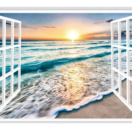 FLFK Fake Window Wall Sticker - Sunset Beach Faux 