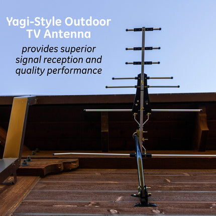 Antena de TV digital HD para exteriores GE, antena HDTV OTA de largo alcance, diseño estilo Yagi, compatible con TV inteligente 4K 1080P HD VHF UHF, soporte J incluido para ático o exterior, resistente a la intemperie, 33685