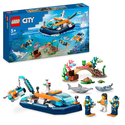 LEGO City Explorer Diving Boat Toy with Mini-Submarine, Shark, Crab, Turtle Manta Ray and Sea Animal Figures, Underwater Ocean Diving Set, for Kids Aged 5+ 60377