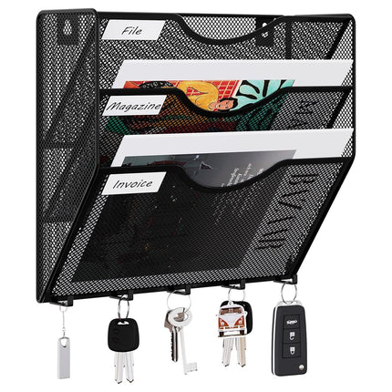 EasyPAG Wall File Organizer 3 Pocket Vertical Mesh Hanging File Holder Paper Rack with Key Hooks,Black