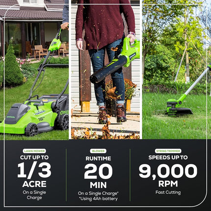 Greenworks 40V 16" Brushless Cordless (Push) Lawn Mower + Blower (350 CFM) + 13" String Trimmer (Bonus Spools), 4.0Ah + 2.0Ah Battery and Charger Included (75+ Compatible Tools)