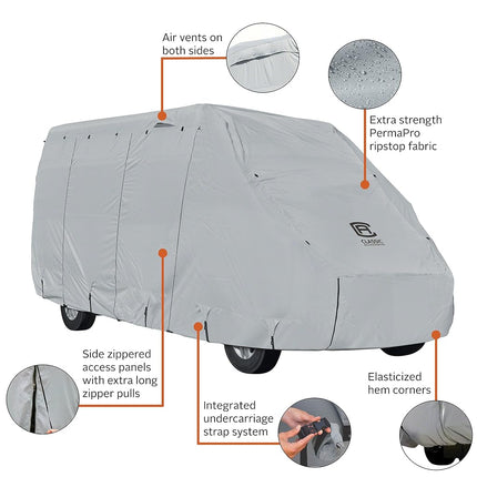 Funda para autocaravana Over Drive PermaPRO Tall Class B de Classic Accessories, se adapta a autocaravanas de 7.6 a 8.2 metros, funda para cámper, ajuste personalizable, resistente al agua, protección para todas las estaciones para autocaravanas, gris