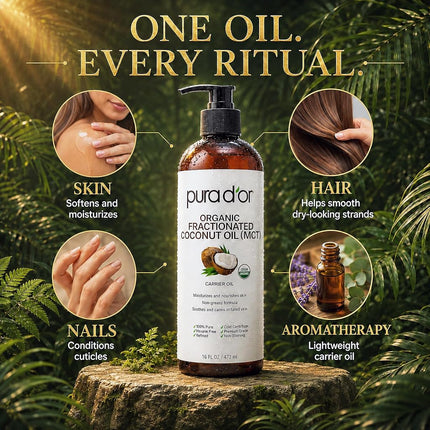 Pura D'or Organic Fractionated Coconut Oil (16oz / 473ml) USDA Certified 100% Pure & Natural MCT Oil Sustainably Sourced Hexane Free Moisturizing Carrier Oil For Face, Skin & Hair (Packaging may vary)