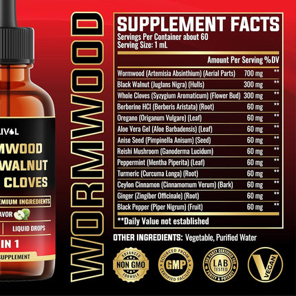 Milivol 13in1 Wormwood Liquid Drops - Black Walnut Wormwood Liquid with Whole Cloves & More - 60 Day Supply - 2 Fl Oz