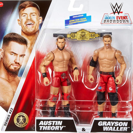 Mattel WWE Main Event Showdown Action Figures 2-Pack with Accessory, Series #22 Austin Theory & Grayson Waller Collectible Set, 6-inch