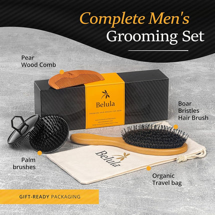Belula Men's Hair Grooming Set, Boar Bristle and Nylon Pin Brush, Comb, Bag