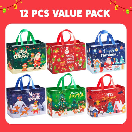 JOYIN 12 PCS Christmas Large Reusable Gift Bags 12.8"x9.8"x6.7, Xmas Large Non-Woven Grocery Bag with Handles for Wrapping Party Supplies, Holiday Party Favor