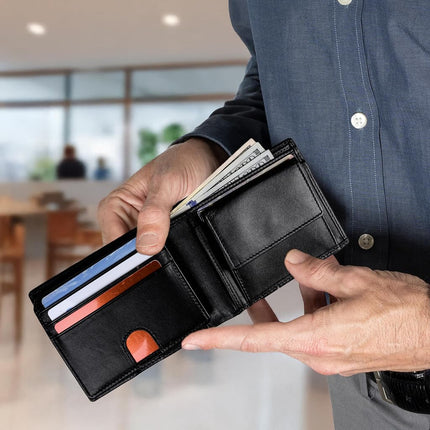 RFID Bifold Leather Wallet For Men with Flip Up ID in Vintage Buffalo Brown, With Coin Pocket - Nappa Black, Classic