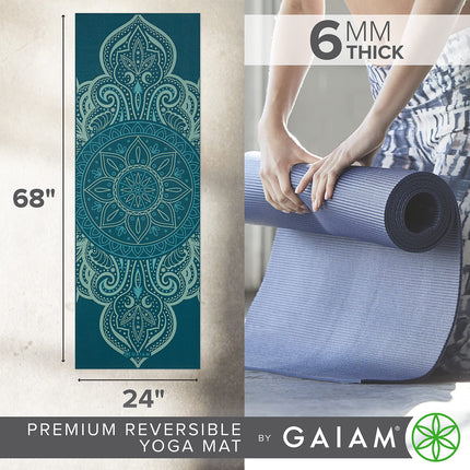 Gaiam Yoga Mat Premium Print Reversible Extra Thick Non-Slip Exercise Fitness Mat for All Types of Yoga, Pilates and Floor Training, Sea Glass, 6mm