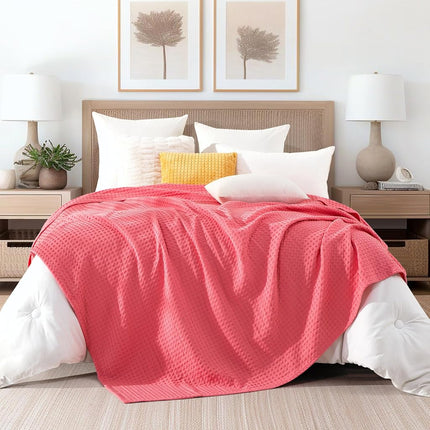 Elegant Comfort Premium 100% Cotton Waffle Blanket - Lightweight Breathable Waffle Weave Bed Blanket - Soft and Warm All Season Blanket for Couch, Sofa and Bed, Twin Size 68x88 Inches, Coral