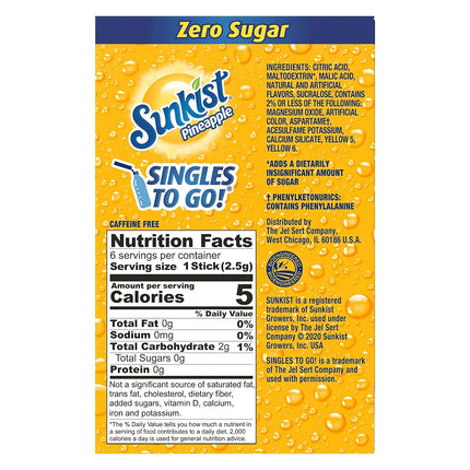 Sunkist Singles-To-Go Drink Mix, Pineapple, Non-Carbonated, Low-Calorie, Zero Sugar, 6 CT in each box (Pack of 6)