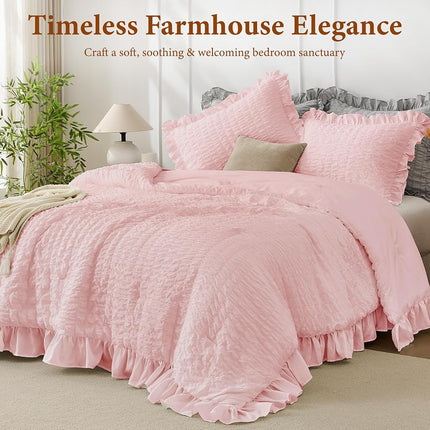 JOLLYVOGUE Seersucker Comforter Set, 3 Pieces Bed in a Bag Comforter Set, Lightweight & Fluffy Bedding Sets for All Season with 1 Ruffle Comforter and 2 Ruffle Pillowshams, King, Pink