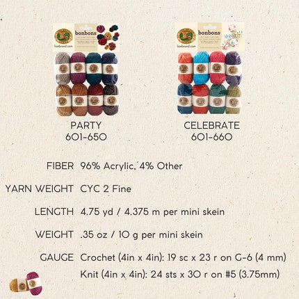 Lion Brand Yarn Bonbons, 8 Mini Skeins, Lightweight Yarn for Knitting, Crochet, Crafts, DIY, Small Projects, Crayons Color Set, 1 Pack