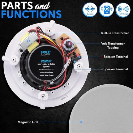 Ceiling and Wall Mount Speaker - 5.25” 2-Way 70V Audio Stereo Sound Subwoofer Sound with Dome Tweeter, 300 Watts, In-Wall & In-Ceiling Flush Design for Home Surround System - Pyle PDIC53T (White)