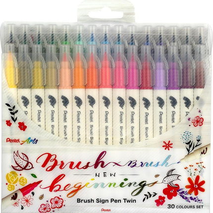 Pentel SESW30C-30 Rotulador Doble Brush Sign, Set de 30 Colores, Rotuladores de Fibra con Dos Puntas Flexibles, Tinta a Base de Agua, Surtidos, Paquete de 30