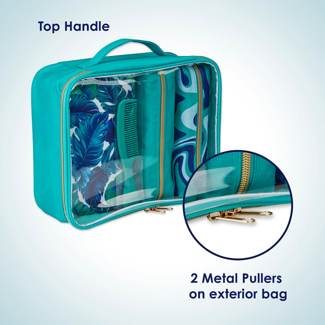 Conair 5 Piece Toiletry and Cosmetic Bag Set Under $30, Includes 4 Makeup Bags and 1 Travel Comb in Teal Palm Prints