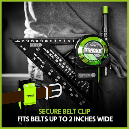 Tracer Set Square and Tape Holder – Speed Square and Tape Measure Holder with Additional Slots for Markers and Belt Clip for 2" Belts.