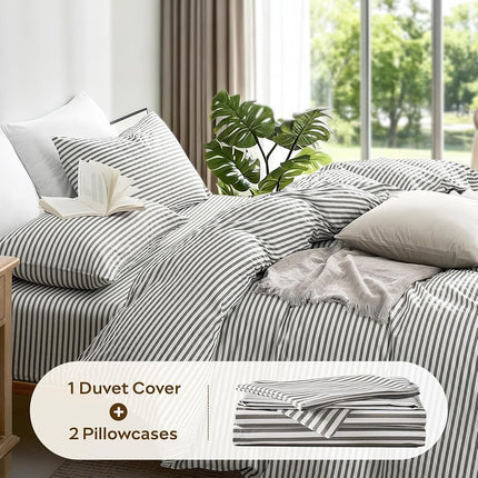 JELLYMONI 100% Natural Cotton 3pcs Striped Duvet Cover Sets,White with Grey Stripes Pattern Printed Comforter Cover,with Zipper Closure & Corner Ties(Queen Size)