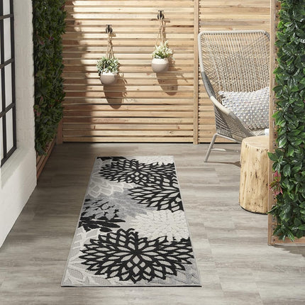 Nourison Aloha Indoor/Outdoor Black White 2'3" x 8' Area Rug, Tropical, Botanical, Easy Cleaning, Non Shedding, Bed Room, Living Room, Dining Room, Deck, Backyard, Patio (2x8)