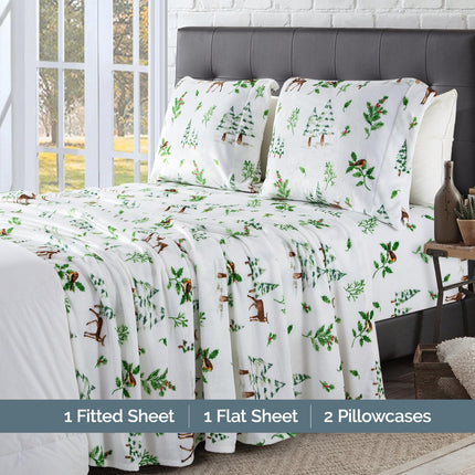 Elegant Comfort Luxuriously Soft 4-Piece Holiday Velvet Plush Flannel Sheet Set - Premium Quality - Cozy Warm, Christmas Fuzzy Velvet Flannel Fleece Deep Pocket Sheet Set - Twin XL, Enchanted Woods