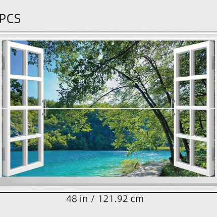FLFK Fake Window Wall Mural - Lakes in The Jungle Faux Window Wall Sticker for Wall Decor, Stick and Peel Wall Decals, 48"x32", Set of 2 Sheets