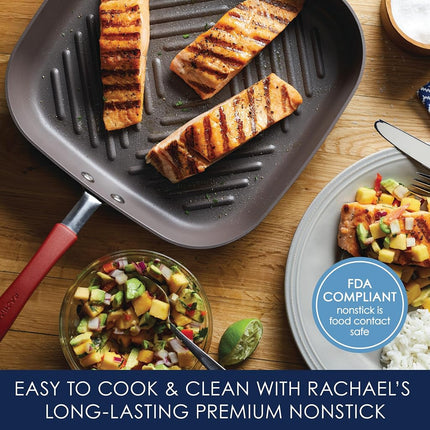 Poêle à griller carrée antiadhésive Rachael Ray Cucina anodisée dure de 28 cm, grise avec manche rouge canneberge