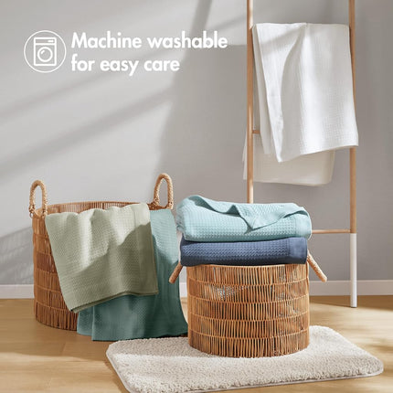 Madison Park 100% Egyptian Cotton Lightweight Summer Blanket, Breathable Waffle Knit Design, Soft Cozy All-Season Throw for Bed, Couch or Sofa, Teal Full/Queen Size (90"x90")
