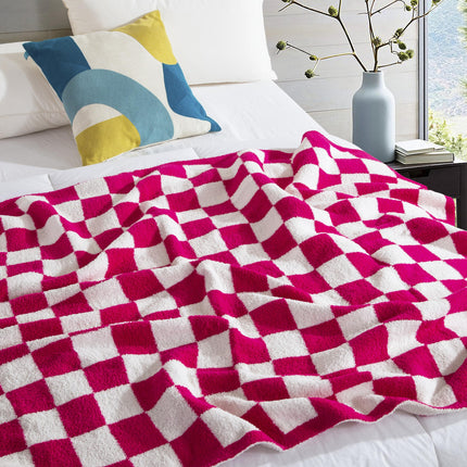 Elegant Comfort Checkered Throw Blanket, Hot Pink Super Soft Cozy Fluffy Warm Throw Blankets for Couch, Sofa, Chair, Bed, Camping, Picnic, Travel Lightweight Bed Blanket (50" x 70")