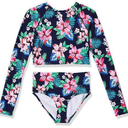 Kanu Surf Girls' Long Sleeve Rashguard UPF 50+ Two Piece Swim Set, Peggy Crop Navy, 12