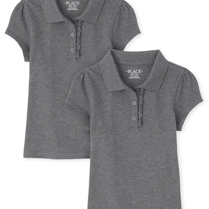 The Children's Place Girls' Short Sleeve Ruffle Pique Polo 2-Pack, Dk Heather Gray 2 Pack, XX-Large