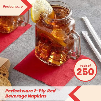 Perfectware - PW-2 Ply Red Bev-250 2 Ply Red Beverage Napkins- Pack of 250ct