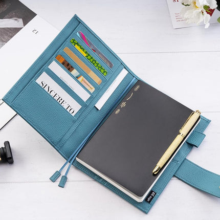 Ox Knight B6 Leather Planner Cover for Stalogy, Midori, Leuchtturm1917, and More - with Pen Loop, Card Slots, Back Pocket, and Bookmarks (Dark Blue)