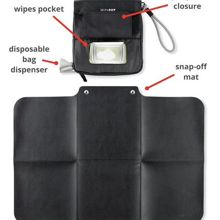 Skip Hop Travel Baby Changing Pad with Easy-Clean Surface, Wipes Pocket, Diaper Storage, Disposable Bag Dispenser and Magnetic Wipes Pocket, Clean Slate, Black