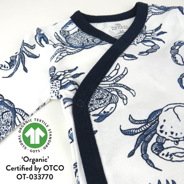 HonestBaby Lot de 3 bodys cache-cœur kimono à manches longues en coton biologique pour bébé, motif crabes marine, 0-3 mois