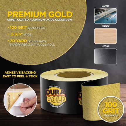 Dura-Gold - Premium - 100 Grit Gold - Longboard Continuous Roll 20 Yards Long by 2-3/4" Wide PSA Self Adhesive Stickyback Longboard Sandpaper for Automotive and Woodworking