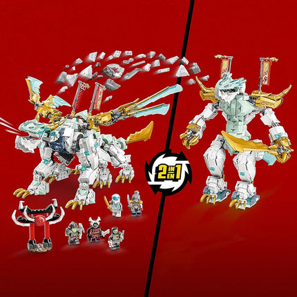 LEGO NINJAGO Zane’s Ice Dragon Creature 71786, 2in1 Dragon Toy to Action Figure Warrior, Model Building Kit, Construction Set for Kids with 5 Minifigures, Golden,green
