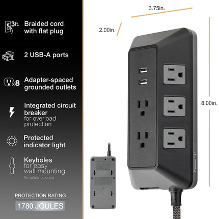 GE UltraPro Protector de Sobretensión de 8 Tomas con Puertos USB, 2 Puertos USB-A, 2.4A, Cable Trenzado de 3 pies, Protector de Sobretensión, 1780 Julios, Negro, 73776