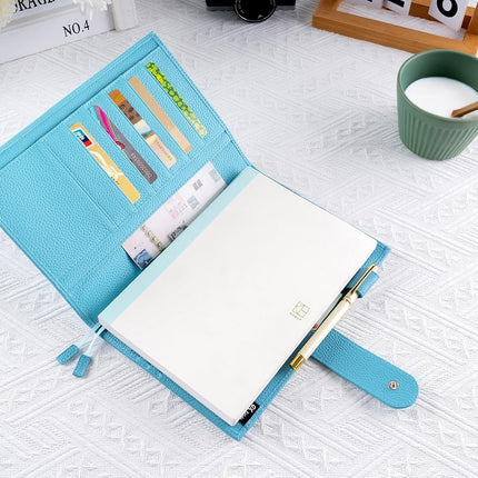 Ox Knight A5 Leather Planner Cover for Hobonichi Cousin, Stalogy, Midori, Leuchtturm1917, and More - with Pen Loop, Card Slots, Back Pocket, and Bookmarks (Light Blue)