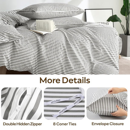 JELLYMONI 100% Natural Cotton 3pcs Striped Duvet Cover Sets,White with Grey Stripes Pattern Printed Comforter Cover,with Zipper Closure & Corner Ties(Queen Size)