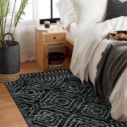 Wonnitar Moroccan 3x5 Rug, Black Washable Small Rug for Bedroom, Non-Slip Geometric Tribal Entry Throw Mat, Boho Farmhouse Rustic Soft Low Pile Area Rug for Bathroom Dining Guest Room (Black,3'x5')