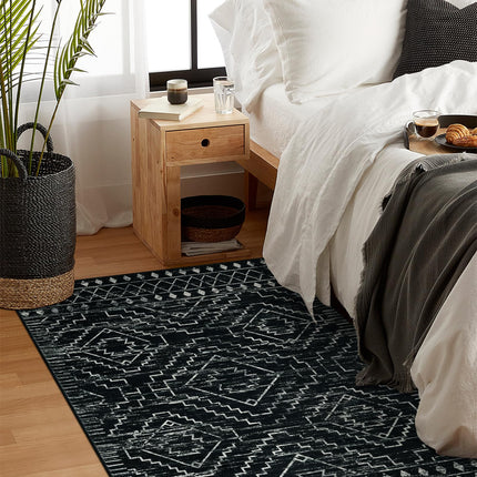 Wonnitar Moroccan 3x5 Rug, Black Washable Small Rug for Bedroom, Non-Slip Geometric Tribal Entry Throw Mat, Boho Farmhouse Rustic Soft Low Pile Area Rug for Bathroom Dining Guest Room (Black,3'x5')