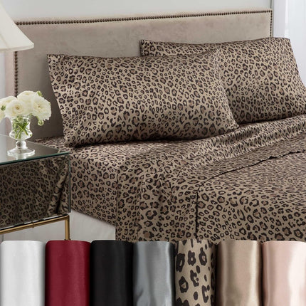 MARTEX Elegance Seduction 1S51588 Satin Silky Deep Pocket Easy Care Machine Washable 1 Fitted Sheet 1 Flat Sheet and 2 Pillowcases Queen Size 4 Piece Leopard Animal Print Sheet Set, Queen, Brown