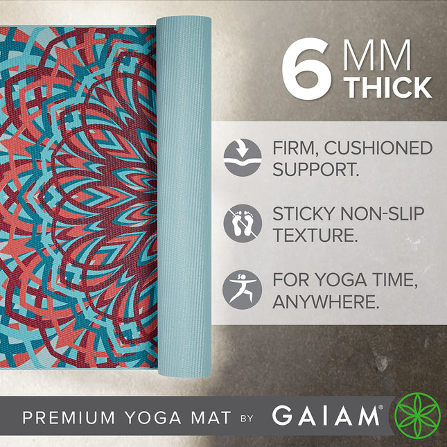 Gaiam Yoga Mat Premium Print Extra Thick Non Slip Exercise & Fitness Mat for All Types of Yoga, Pilates & Floor Workouts, Santorini, 6mm, 68" L x 24" W x 6mm