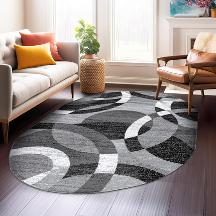 Rugshop Gray Modern Geometric Oval Rug, Abstract Circles, High-Traffic, Non-Shedding, for Living Room, Bedroom and Home Office, 5' x 7' Oval