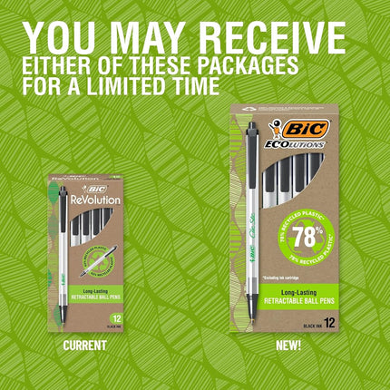 BIC Ecolutions Clic Stic Black Ballpoint Pens, Medium Point (1.0mm), 12-Count Pack, Retractable Ball Point Pens Made from 78% Recycled Plastic