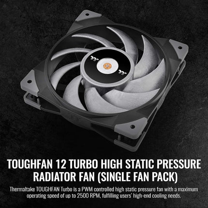 Thermaltake ToughFan 12 Turbo, PWM Controlled PWM 500~2500rpm, Metal-Reinforced Motor Hub, Gen.2 Hydraulic Bearing 120mm Case/Radiator Fan (Single Pack) CL-F121-PL12GM-A , Black