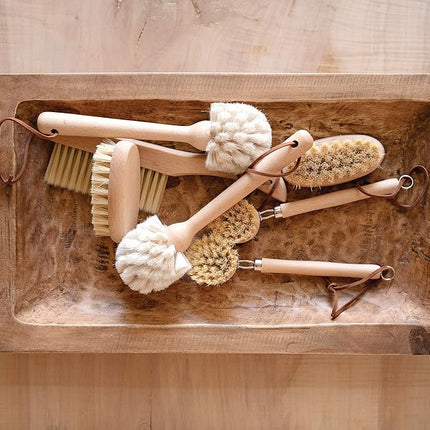Creative Co-Op Beech Wood Leather Strap Dish Brush, Tan