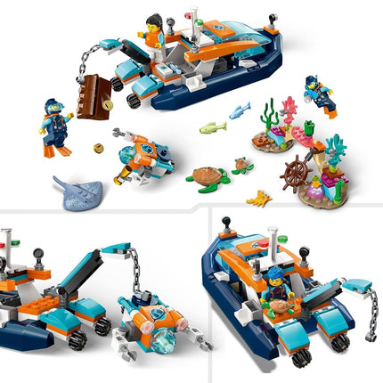 LEGO City Explorer Diving Boat Toy with Mini-Submarine, Shark, Crab, Turtle Manta Ray and Sea Animal Figures, Underwater Ocean Diving Set, for Kids Aged 5+ 60377